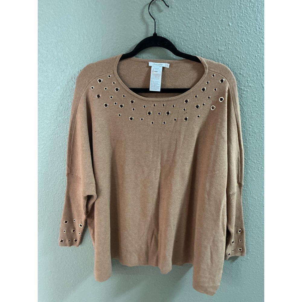 Chico's Grommet Eyelet Knit Top Womens S/M Tan Excellent Dolman Sleeve